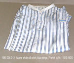 Shirt, Mens, White Silk, Blue Stripe, No Collar, French Cuffs by 008