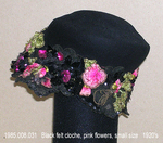 Hat, Cloche, Black Felt, Pink Flowers by 008
