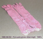 Gloves, Pink Suede, Crochet Inserts, Elbow Length by 038