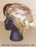 Hat, Small Whimsy, Taupe Circlet, Chenille Veil, Brown Feather by 076