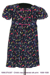 Dress, Child, Navy Flowered Silk Print, Cerise Trim, Size 7 by 079