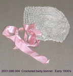 Hat, Baby Bonnet, White Crochet, Pink Satin Ribbons by 098