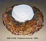 Hat, Beige Velvet Crown, Tan Feathers on Brim by 117