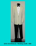 Suit, Male, Wedding, Off White Shawl Collar Jacket, Black Tux Pants, Dress Shirt, Bow Tie, Jewelry, Studs and Cufflinks by 123
