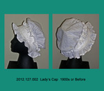 Lady's Cap, White Muslin, Black Stripe, Full Crown, Gathered with Ruffles by 127