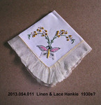 Hankie, White Linen, Lace Trim, Butterfly Embridery by 054