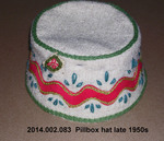 Hat, Decorated Pillbox, Red Rickrack, Green Embroidery on White by 002